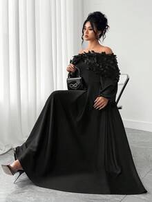 Elenzga 大码女式优雅露肩A字连衣裙，秋冬 - 黑色 - 查看 1