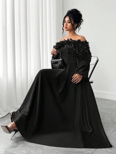 Elenzga Plus Size Women Elegant Off Shoulder A-Line Dress, Autumn/Winter