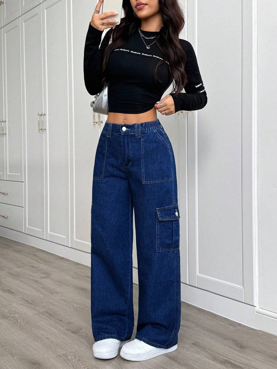 SHEIN PETITE Casual Washed Straight Leg Denim Jeans - Dark Wash - View 1