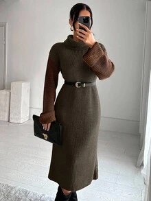 EURMUSE Women's Autumn/Winter Fashion Color Block High Neck Knit Dress - Dark Green - View 6