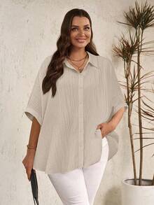 EMERY ROSE Plus Size Women Casual Simple Button-Up Shirt - Apricot - View 4