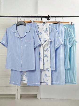 CottageSlumber 4pcs Plus Size Baby Blue Series Plus Size Women Woven Collared Short Sleeve Pants Pajama Set, Featuring Fine Plaid, Striped, And Floral Prints