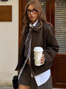 DAZY 女士秋季PU皮革拉链休闲轻便夹克 Y2k - 咖啡棕 - 查看 1