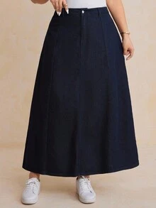 Dazy Plus Falda larga de mezclilla blanca holgada y de línea A para tallas grandes, otoño/invierno - Azul lavado oscuro - Ver 1