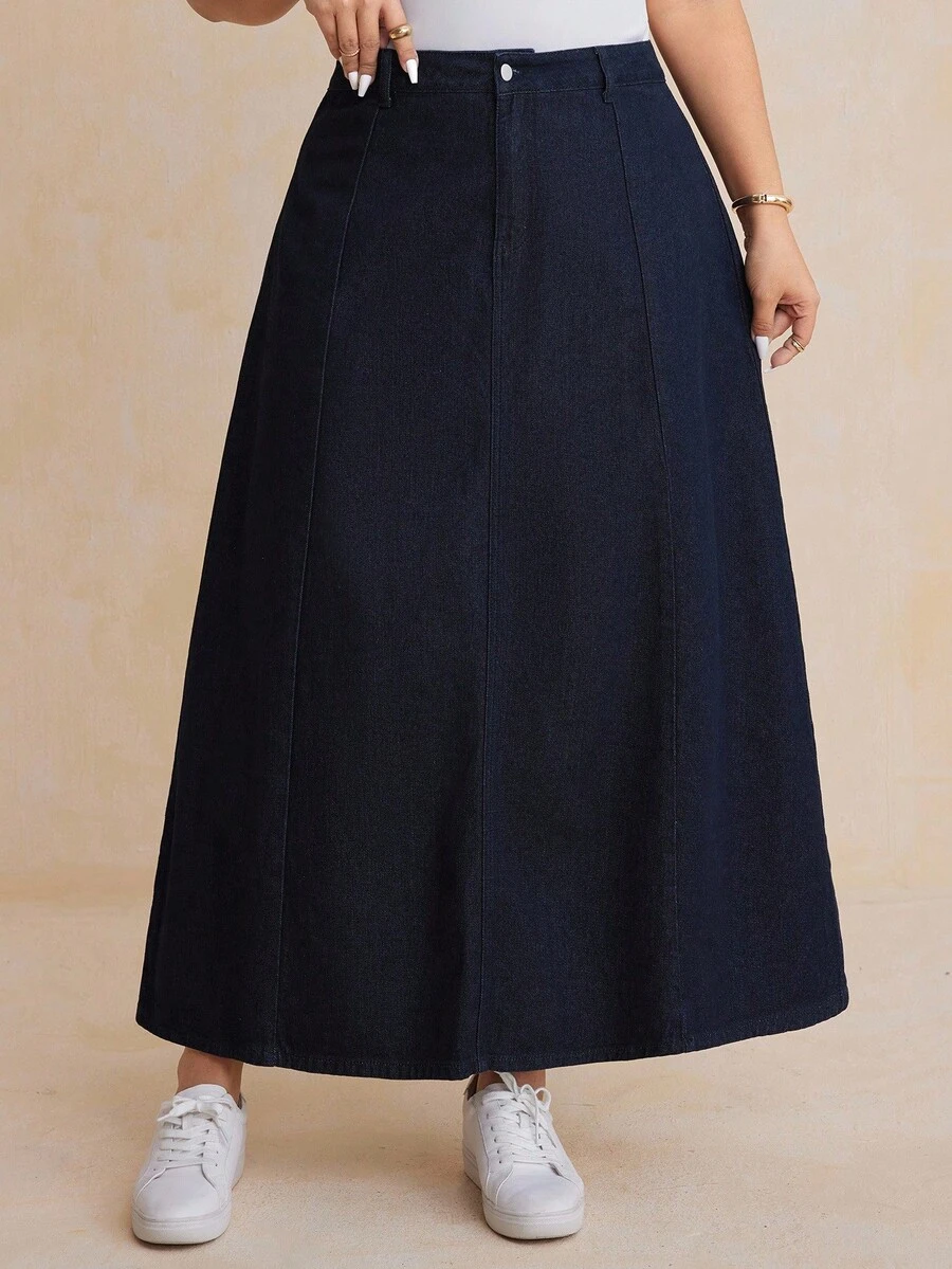 Dazy Plus Falda larga de mezclilla blanca holgada y de línea A para tallas grandes, otoño/invierno - Azul lavado oscuro - Ver 1