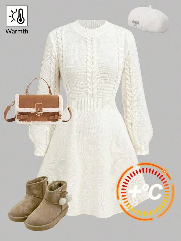 SHEIN Girlism Teen Girls Elegant Casual Fitted Long Sleeve A-Line High Neck Sweater Dress, Beige Textured Cable Knit White Sweater Dress Cable Knit Dress Long Sleeve Dress Teen Dress Winter Dress Fall