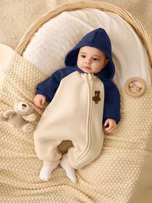 SHEIN Baby Boys Cute Color Block Thermal Lined Hooded Jumpsuit With Bear Pattern, Thickened For Autumn/Winter Fall - Navy Blue - View 6