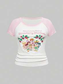 Strawberry Shortcake | ROMWE Áo thun cổ tròn tay ngắn họa tiết hoạt hình Colorblock cỡ lớn - trắng - Xem 1