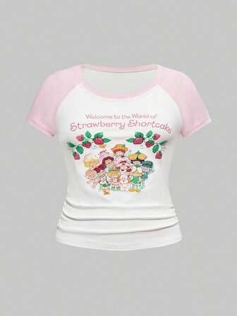 Große Größen Farbblock gerafftes Cartoon-Grafik Rundhals Kurzarm T-Shirt