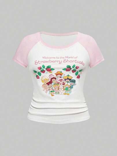 Plus Size Colorblock Ruched Cartoon Graphic Round Neck Short Sleeve T-Shirt