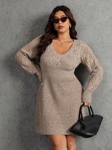 Elaquor Váy len dệt kim tay dài màu trơn cỡ lớn cho nữ vào mùa thu/đông - Màu Khaki - Xem 4