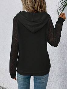 SHEIN Contrast Lace Raglan Sleeve Kangaroo Pocket Hoodie,Long Sleeve Tops - Black - View 3