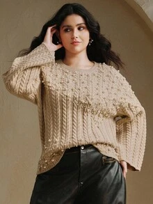 Anewsta Khaki Round Neck Loose Asymmetrical Hem Flared Sleeve Pearl Knit Sweater, Casual Elegant Chic For Fall, Autumn, Winter, New Year