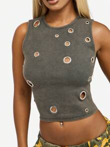 SUMWON WOMEN 棉质罗纹水洗背心，带孔眼细节索环，夏季节日休闲无袖 - 灰色 - 查看 6