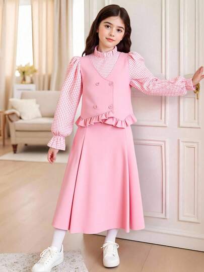 Sparklyn 2 件套女童格子拼接学院风甜美校园装 - 长袖衬衫、背心和迷你裙，适合学校、休闲、派对