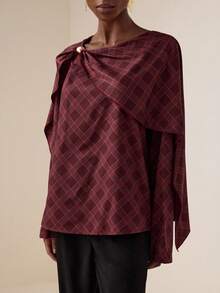 Vesra Chic Plaid Beaded Twist Knot Loose Blouse Fall Cloth For Women - Red - View 4