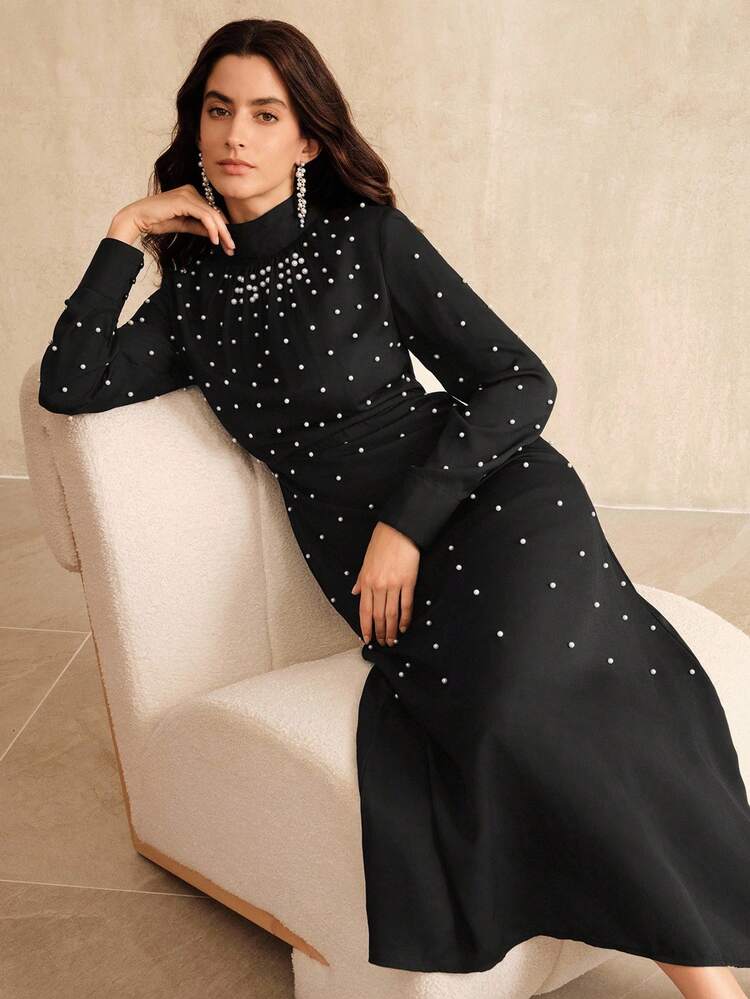 Women's New Long Sleeve Pearl Embellished Dress, Elegant Black Color, European And American Style, Sophisticated Professional Attire, Suitable For Fall, Winter, New Year, Elegant, Chic, Stylish, Christmas, Going Out