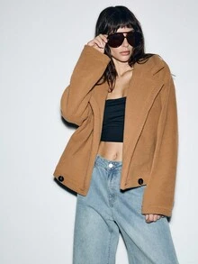 SHEIN Luminelle 厚羊毛夹克，柔软顺滑的夏尔巴面料，双排扣，秋冬 - 卡其色 - 查看 7