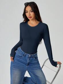 SHEIN PETITE Solid Long Sleeve Slim Fit White T-Shirt Bodysuit,Fall