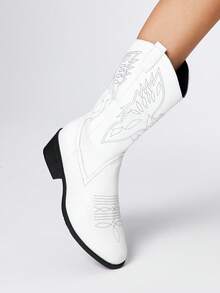 ROMWE Women's White Western Embroidered Cowboy Knee-High Boots, Low Heel Leather Motorcycle Boots, Women's Ankle Boots - White - View 3