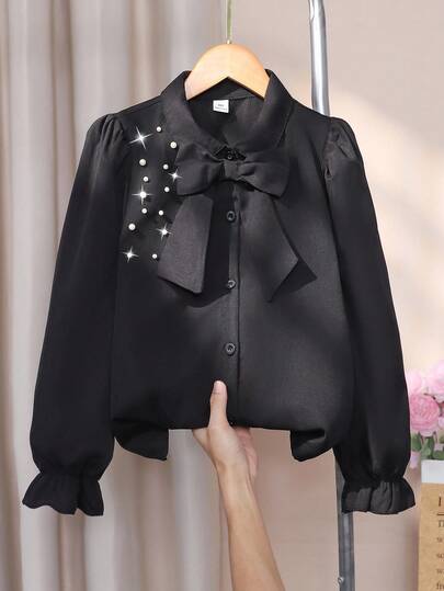 Sparklyn Girls' Blouse, Bubble Long Sleeve, Pearl Decor On Shoulders, Detachable Bow Decor, Loose Fit, Energetic Style, Comfortable Fabric, Suitable For Layering With Pinafore Dress Or As An Undershirt, Spring/Autumn Fall Winter