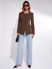 COSMINA Women's Solid Color Long Sleeve Single-Breasted Casual Commuter Regular Jacket, Autumn,Brown Jacket,Fall - Brown - View 4
