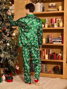 Manfinity 男士翻领纽扣仿丝睡衣套装，爱心印花上衣和裤子，圣诞睡衣，情侣睡衣，绿色睡衣，秋冬服装 - 綠色 - 查看 2