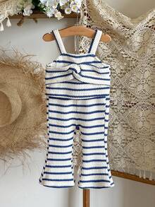 SHEIN Vintaside Kids Baby Mädchen modisches hochwertiges gestreiftes Träger Top und passendes gestreiftes weites Bein Hosen Set, perfekt für Sommer Camping, Urlaub, Lässig oder Party Anlässe - Blau - Übersicht 1