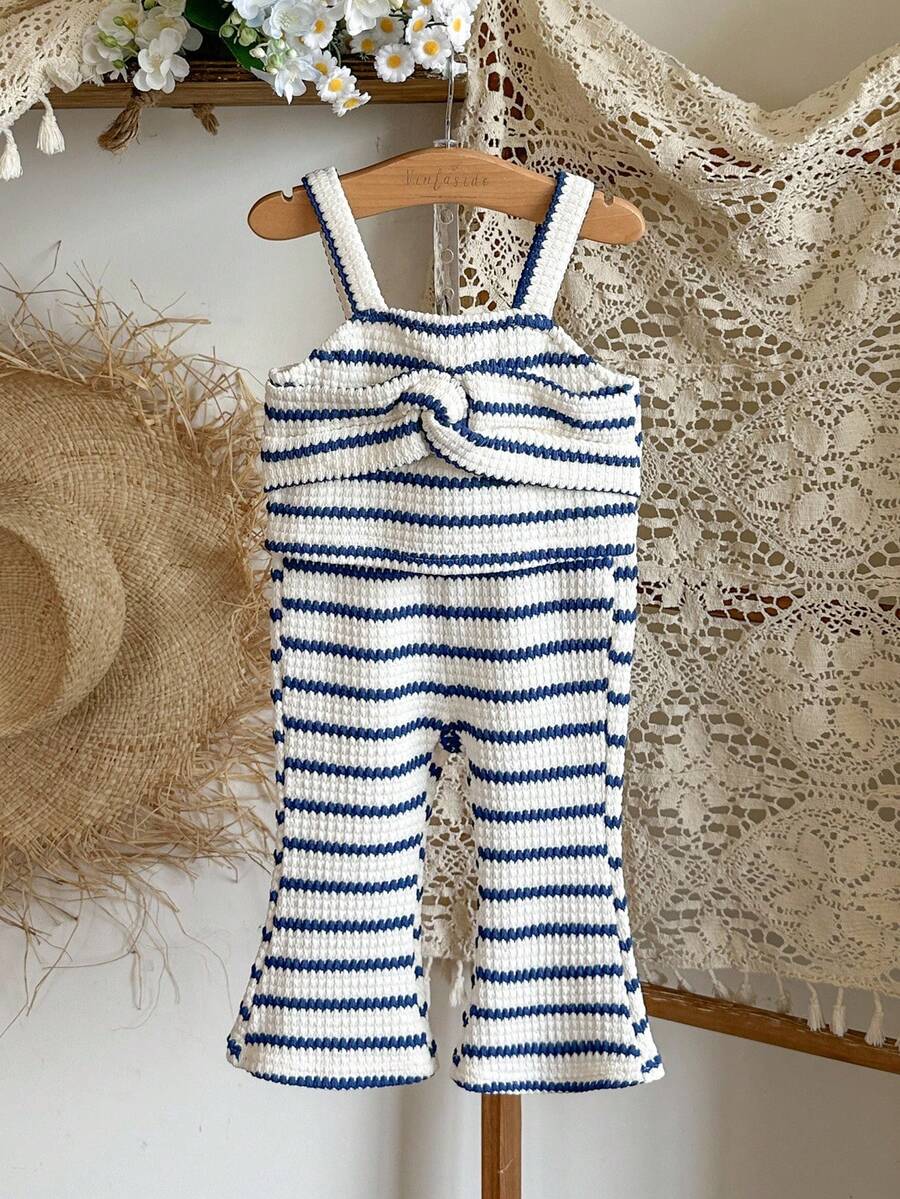 SHEIN Vintaside Kids Baby Mädchen modisches hochwertiges gestreiftes Träger Top und passendes gestreiftes weites Bein Hosen Set, perfekt für Sommer Camping, Urlaub, Lässig oder Party Anlässe - Blau - Übersicht 1