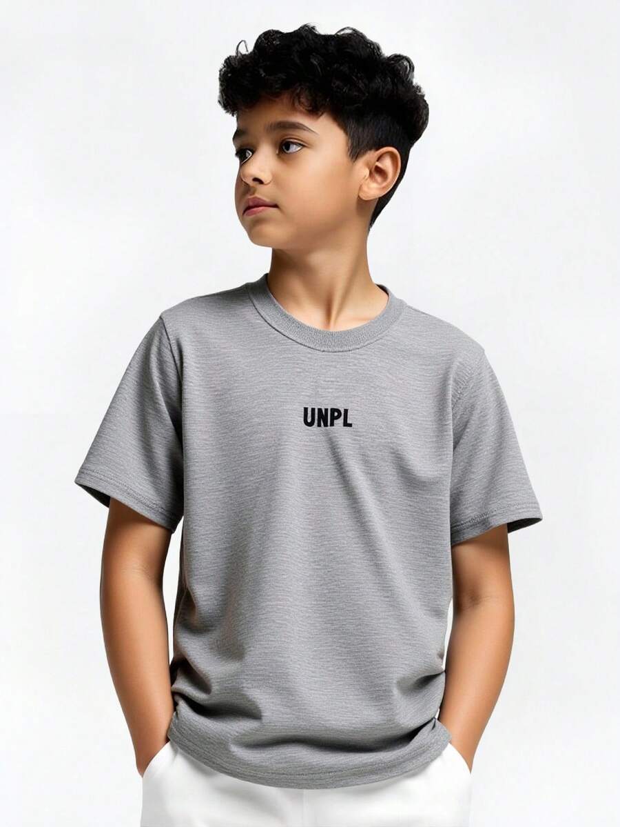 SHEIN Explorewe Tween Boys Casual Round Neck Short Sleeve Shirt & Shorts 2 Pieces Set, Summer - Grey - View 1