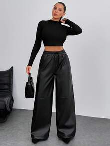EURMUSE Solid Color, Pu Leather, Elastic Waist, Drawstring, Straight Fit Pants - Black - View 4