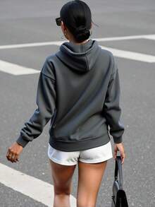 StreetHx Letter Graphic Drop Shoulder Drawstring Hoodie,Long Sleeve Tops Pullover Fall Outfit - Dark Grey - View 2