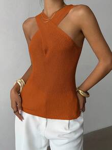 Elenzga Cross-Neck Minimalist Niche Design Casual Knit Top - Orange - View 5