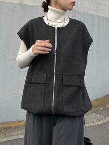 FRIFUL 女士圆领背心开襟羊毛面料宽松休闲夹克