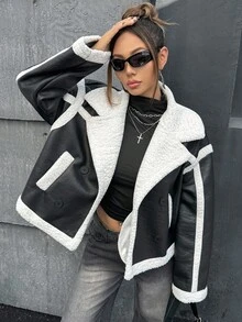 SHEIN ICON Damen Schwarze und Weiße Lässige Locker Kragen Langarm Einreihige Jacke, Herbst/Winter - Schwarz und Weiss - Übersicht 7