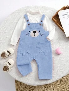 SHEIN Newborn Baby Girl Cute Versatile Corduroy Cartoon Pattern Bib Jumpsuit, Autumn/Winter Fall - Blue - View 10