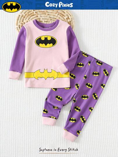 Cozy Pixies SUPERMAN X Cozy Pixies Baby Girl Bat Pattern Knit Soft Round Neck Long Sleeve Top And Elastic Waist Long Pants Snug Fit 2 Pieces Pajama Set Toddler Pajama Sets Toddler Sleepwear Fall Winter
