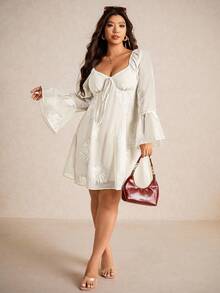 Elaquor Vestido de línea A con cuello de corazón y mangas farol, elegante y de talla grande, vestido para invitados de boda para mujeres - Albaricoque - Ver 3