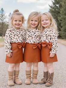 Emery Rose Kids Emery Rose Kids 2 件套少女碎花编织衬衫和 PU 皮革迷你裙套装秋冬装 - 摩卡棕 - 查看 3