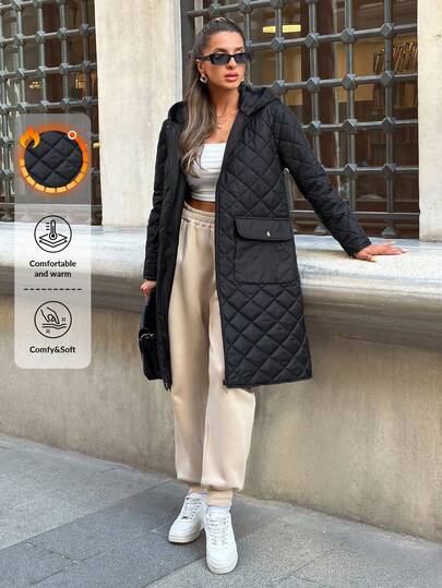 EURMUSE Hooded Quilted Jacket With Front Flap Pockets, Rhinestone Stitch Pattern, Functional Outerwear , Urban Casual Style