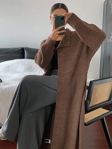 DAZY Women's Solid Color Floral Chiffon Loose High Neck Long Sleeve Long Cardigan, Casual Street Style, Autumn/Winter - Brown - View 3