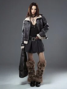 Bloopia Retro American Style Women's Autumn/Winter Halloween New Faux Fur Distressed Texture Composite Material Fashion Classic Versatile Women Jacket Coat - Black - View 8