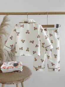 SHEIN 2pcs/Set Baby Boy Cute Bear Print Outfit, Turndown Collar Long Sleeve Cardigan + Loose Fit Pants, Comfortable Autumn/Winter Set Fall