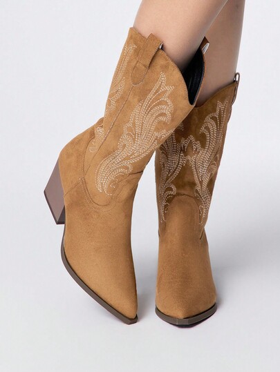 Fairycore Women's Thick Heel Pointed Toe Embroidery Western Cowboy Boots, Suede, New Autumn/Winter Outdoor Fashion Western Boots