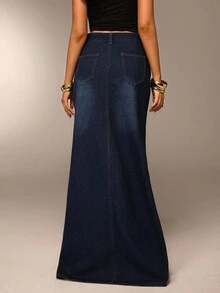 SHEIN Forever 21 Summer,Fall&Winter Women Blue Washed Loose/ High-Waist/ A-Line/Y2k/ Women Bottoms/Tall Women Jeans/Baggy Women Jeans/Straight Leg Jeans/Extra Long Maxi Denim Skirt Long Jean Skirt Women Denim Skirts - Navy Blue - View 2