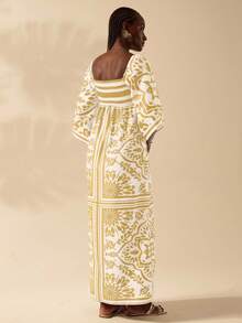 CAJUNI Women's Boho Vintage Black Printed Hollow-Out Loose Long Sleeve Maxi Dress, Vacation - Yellow - View 2