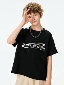 SHEIN Explorewe 青少年男孩标语印花圆领短袖休闲 T 恤 - 黑色 - 查看 1