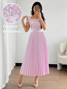 Modelyn 女士粉色方领短袖蕾丝拼接优雅中长连衣裙 - 粉色 - 查看 1