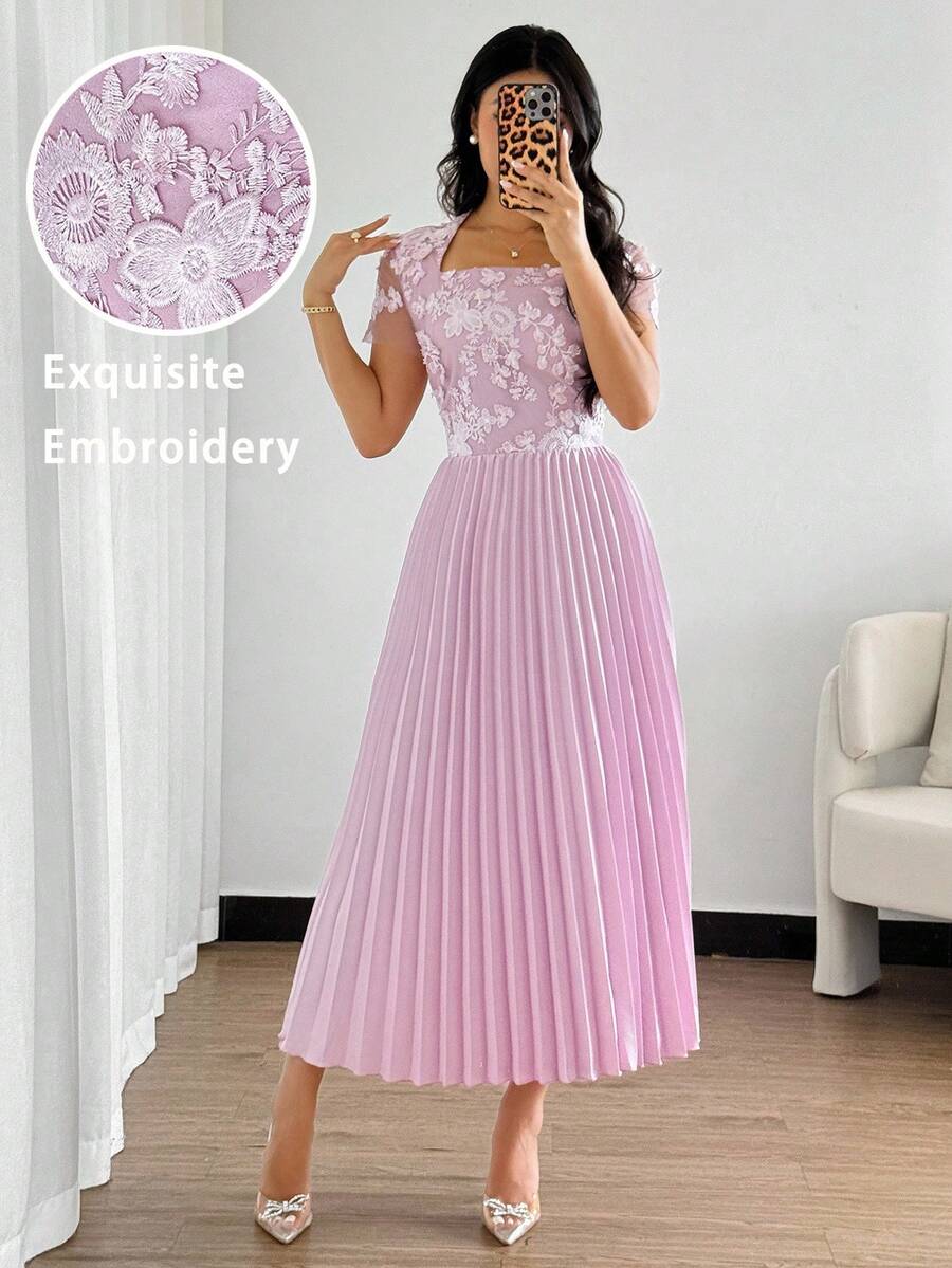 Modelyn 女士粉色方领短袖蕾丝拼接优雅中长连衣裙 - 粉色 - 查看 1