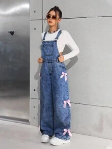 SHEIN 少女牛仔背带裤和连体裤，阔腿工装裤，粉色蝴蝶结牛仔裤，少女工装裤，女式牛仔工装裤，蝴蝶结工装裤 - 深色水洗藍 - 查看 3